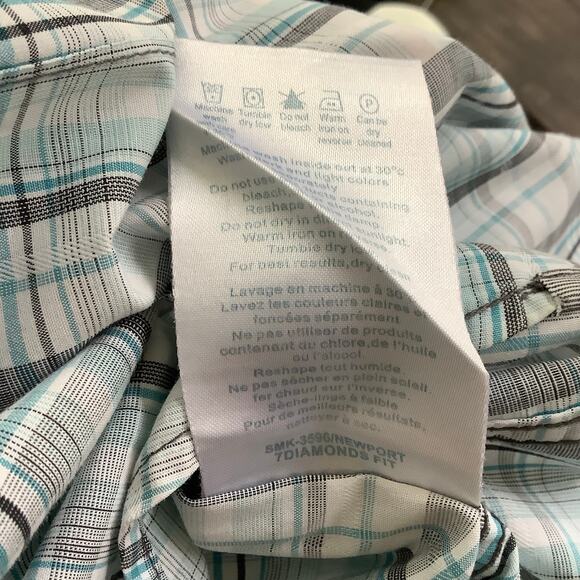 7 Diamonds Blue Gray White Plaid Short Sleeve Button Up Shirt XL - Picture 11 of 11